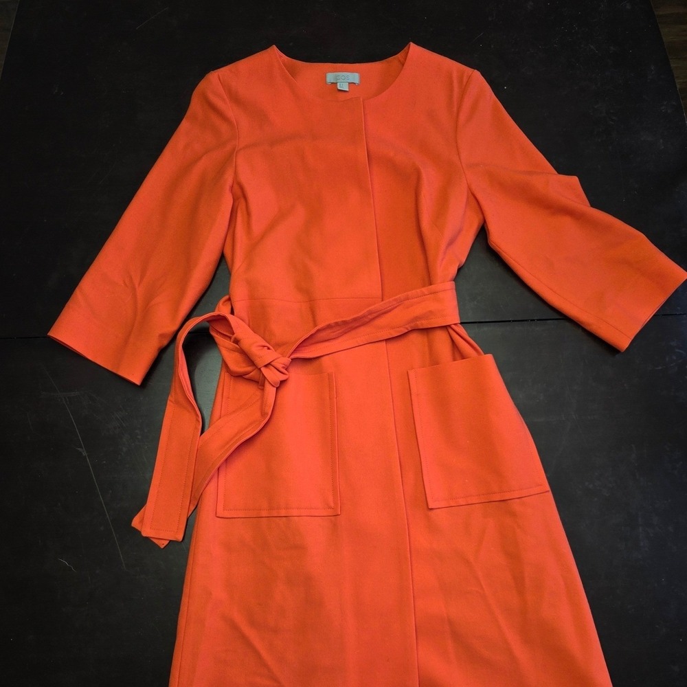 COS Orange Wool Blend Belted Collarless Dress Womens Size 6 Patch Pockets